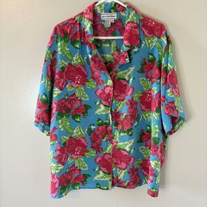 August Max Woman 100% Silk Tropical Button Up Blouse Short Sleeve Floral…